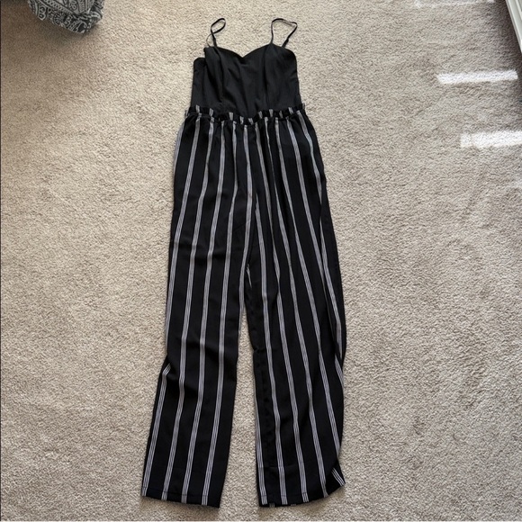 Pants - Black and White Striped Jumpsuit (sweetheart neckline)
